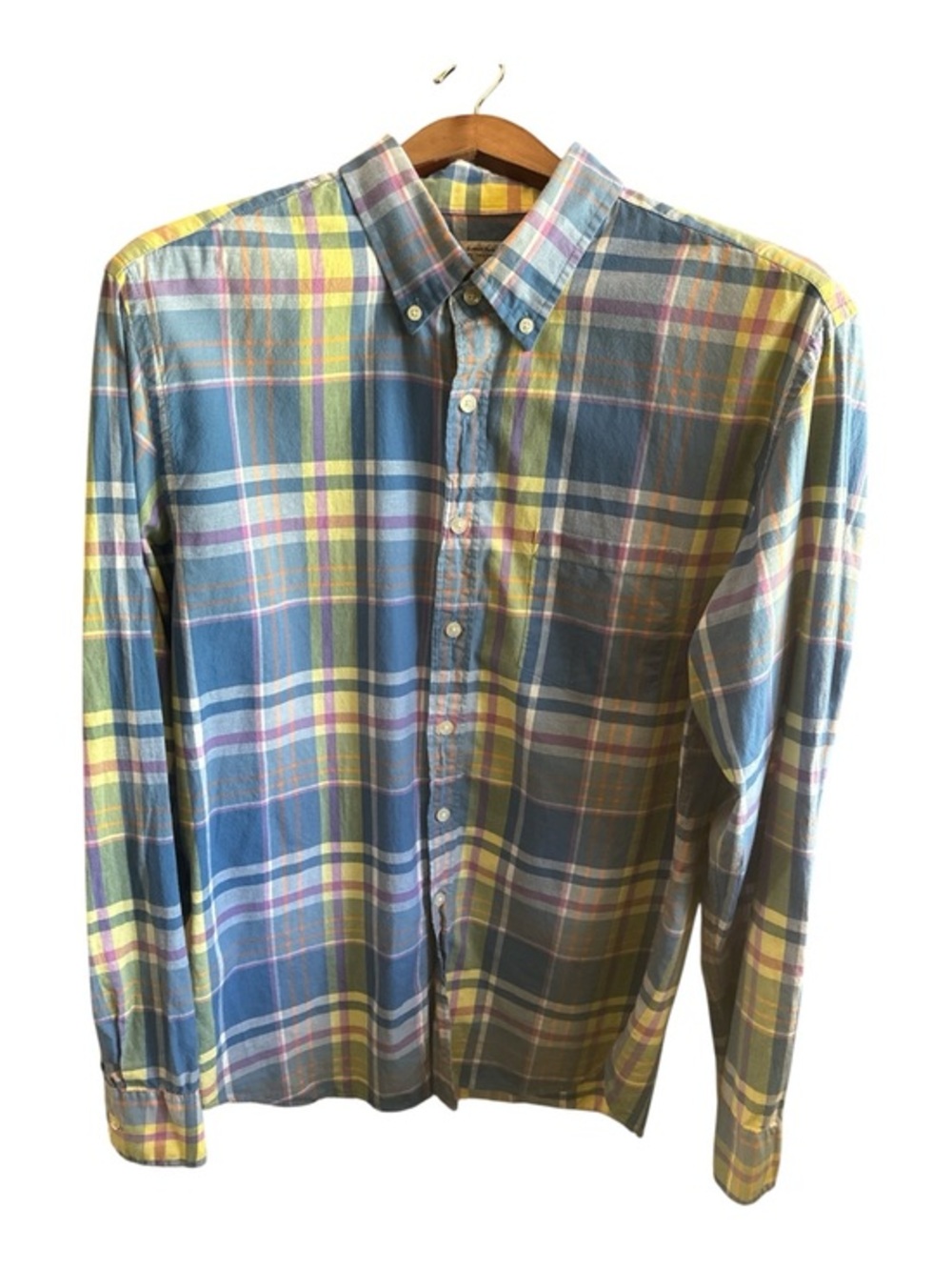 J. Crew Multicolor Plaid Button-Down Shirt Blue, Green, Yellow Mens Large Casual
